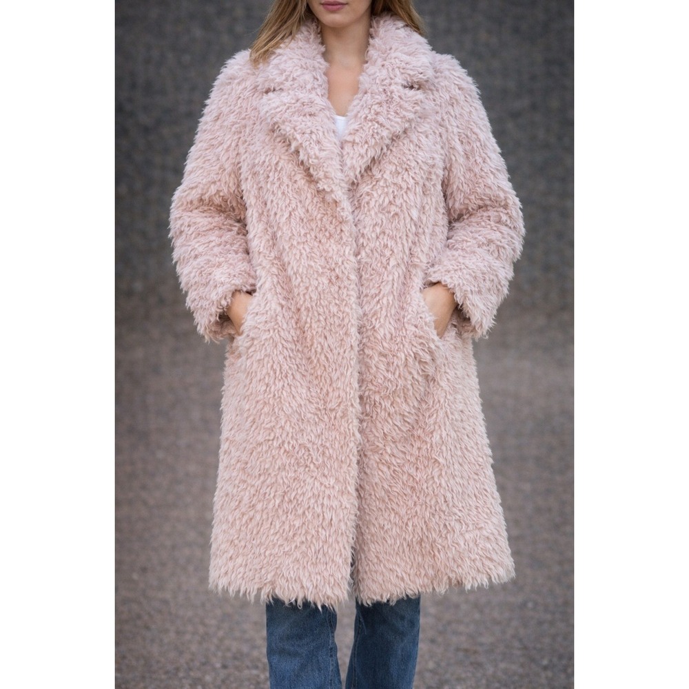 Anthropologie Faux Fur Teddy Coat Longline Blush Pink Cozy Oversized‎